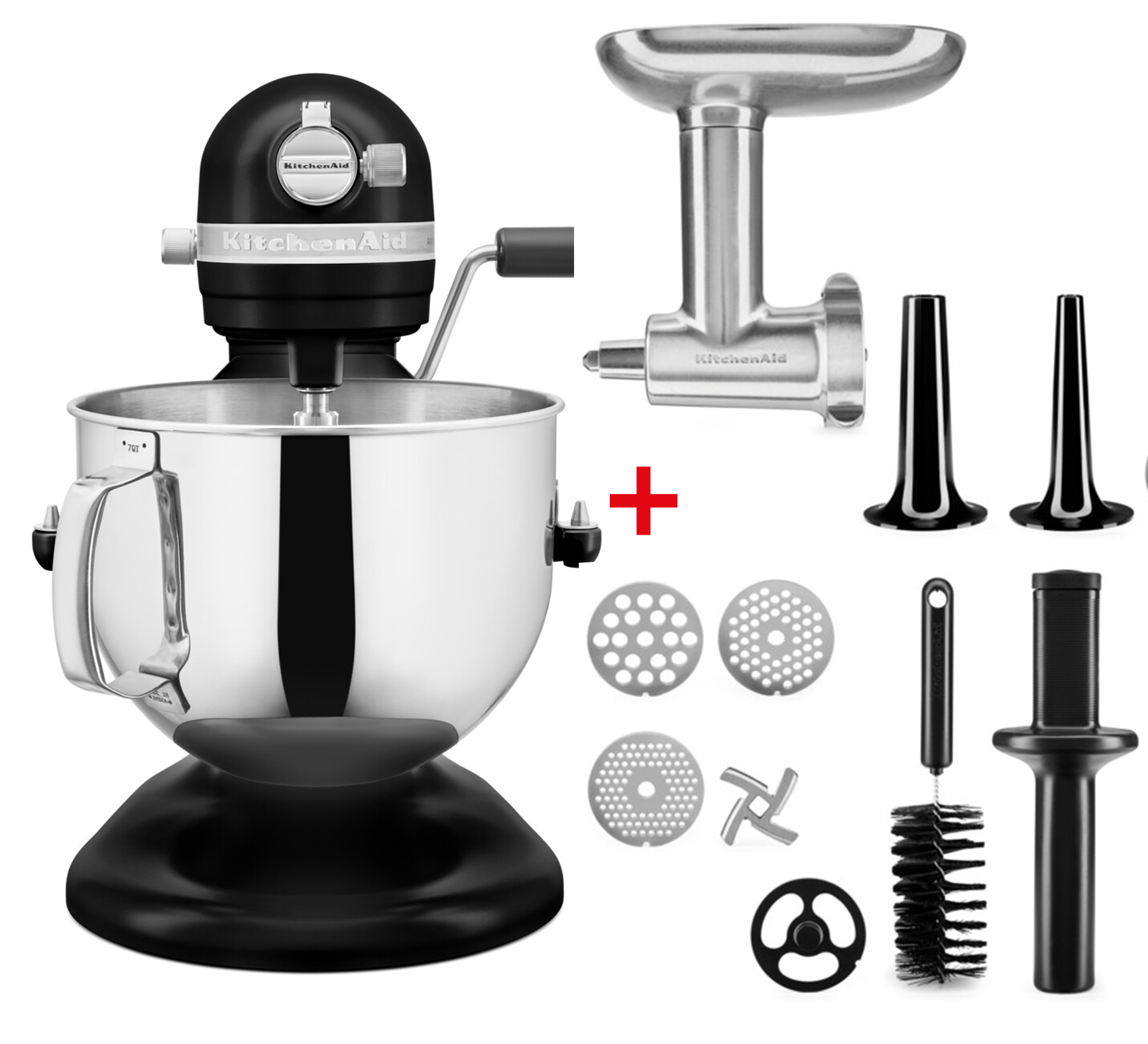 KitchenAid Výhodná sada kuchyňský robot Artisan 5KSM7580 se zvedací mísou + mlýnek na maso, lesklá černá BUNDLEFAMILYOB