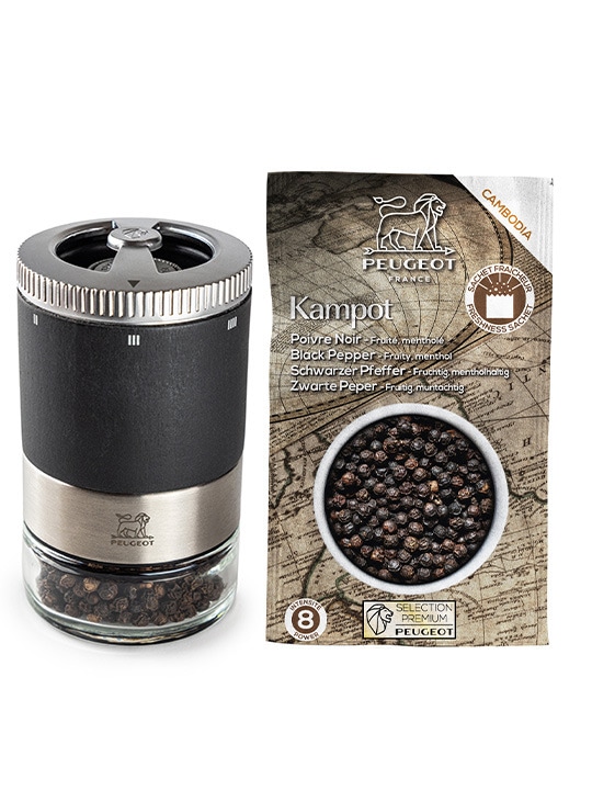 Peugeot Mlýnek na pepř Maesto + 1 zásobník + černý pepř Kampot 41731