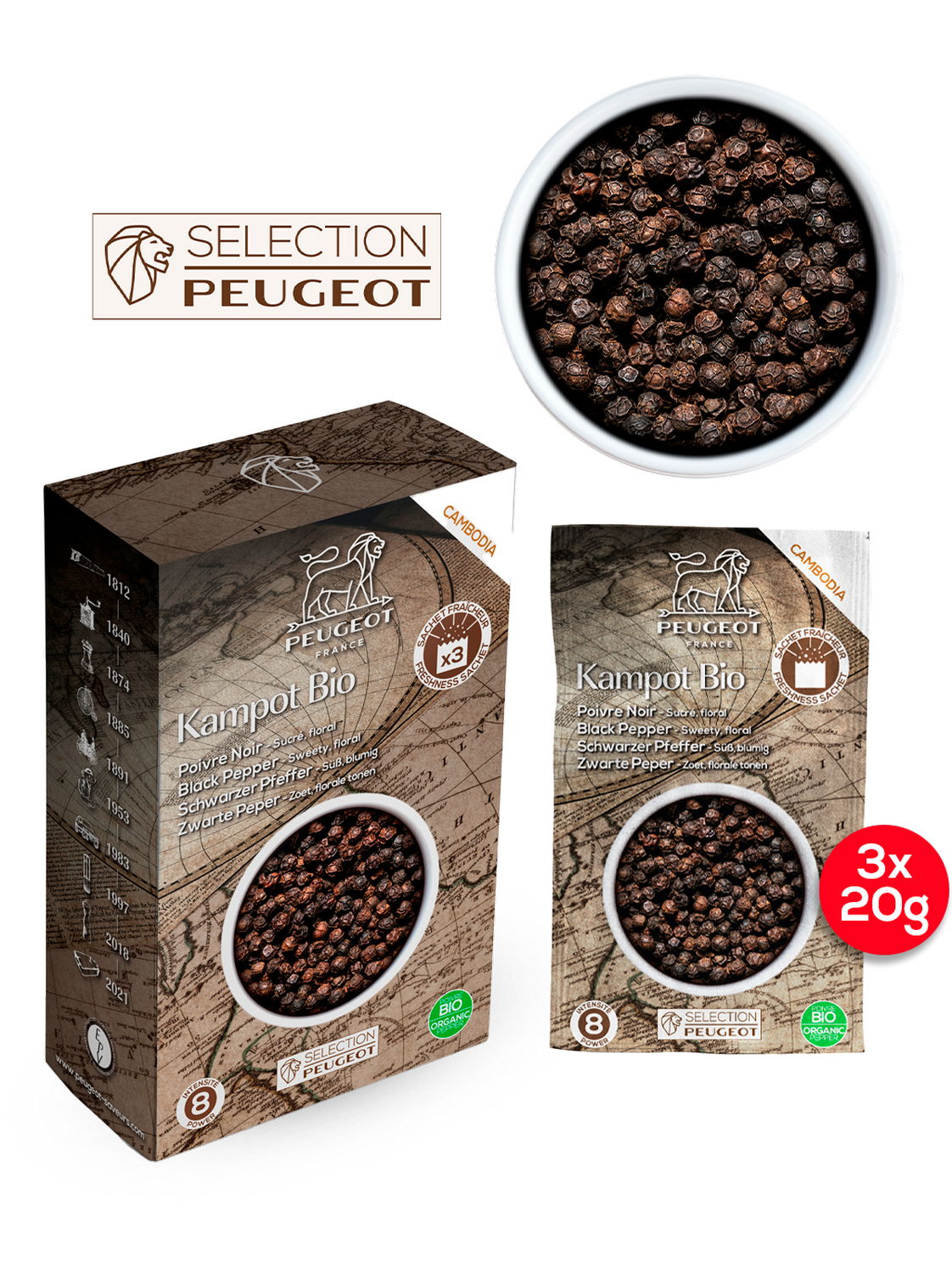 Peugeot Černý pepř Kampot Bio, 3 x 20 g 42455