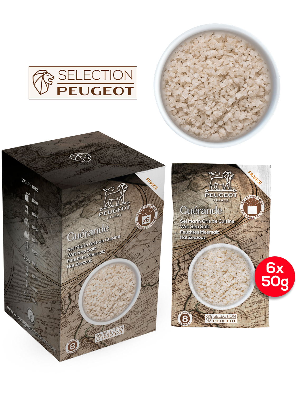 Peugeot Vlhká mořská sůl Guérande, 6 x 50 g 42752