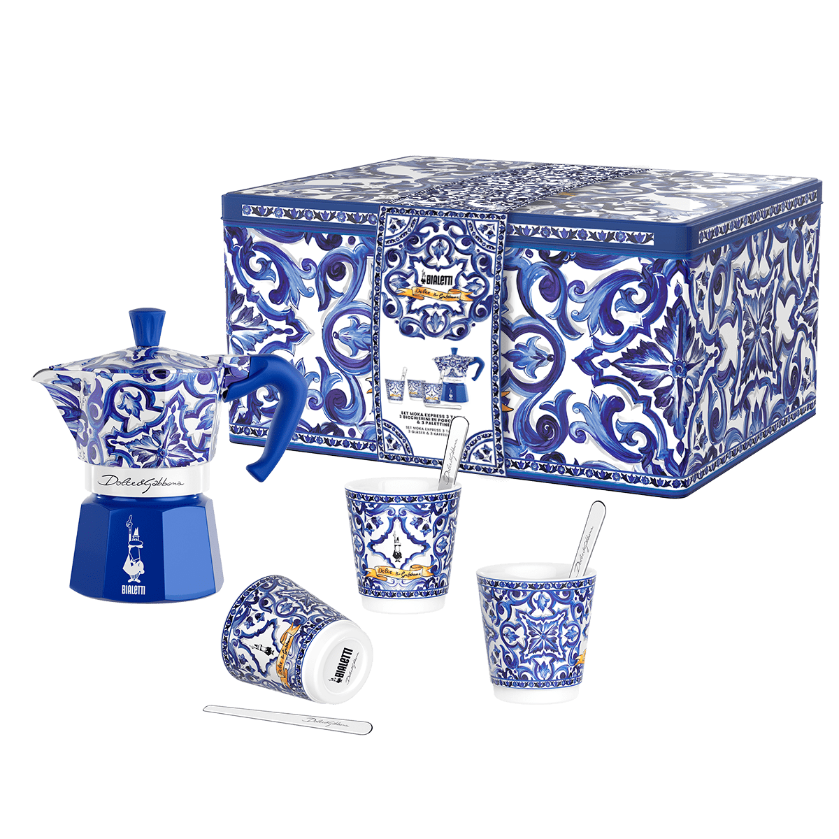 Bialetti Dárková sada Moka Express konvička Blu Mediterraneo, 3 pohárky, míchátka 990005359